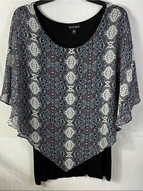 I.N. Studio Navy, White & Red Layered Printed Poncho Sleeveless Top Size Medium